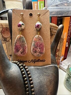 Hand Crafted polymer clay circus inspired Pink and Cream Floral Drop Earrings